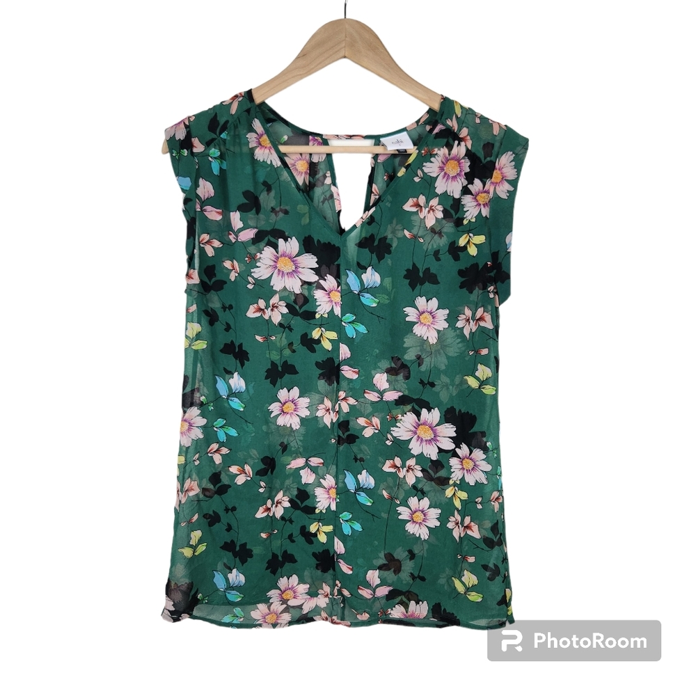 Cabi Green Daisy Vine Floral Shadow V Neck Sheer Blouse Top Sz S